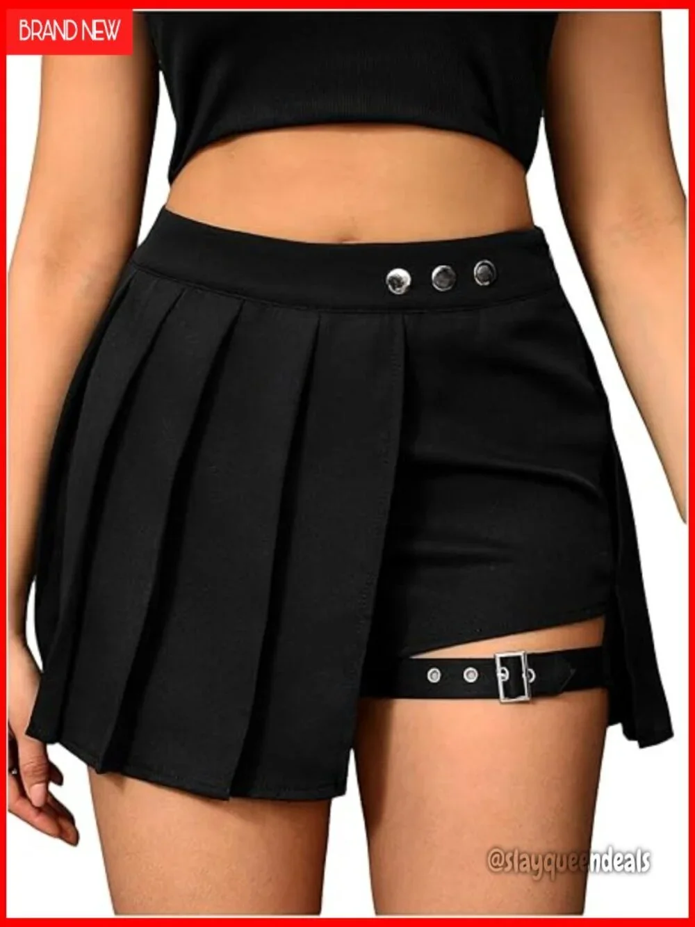 High Waisted Pleated Mini Skirt with Buckle Detail, Polyester A-Line